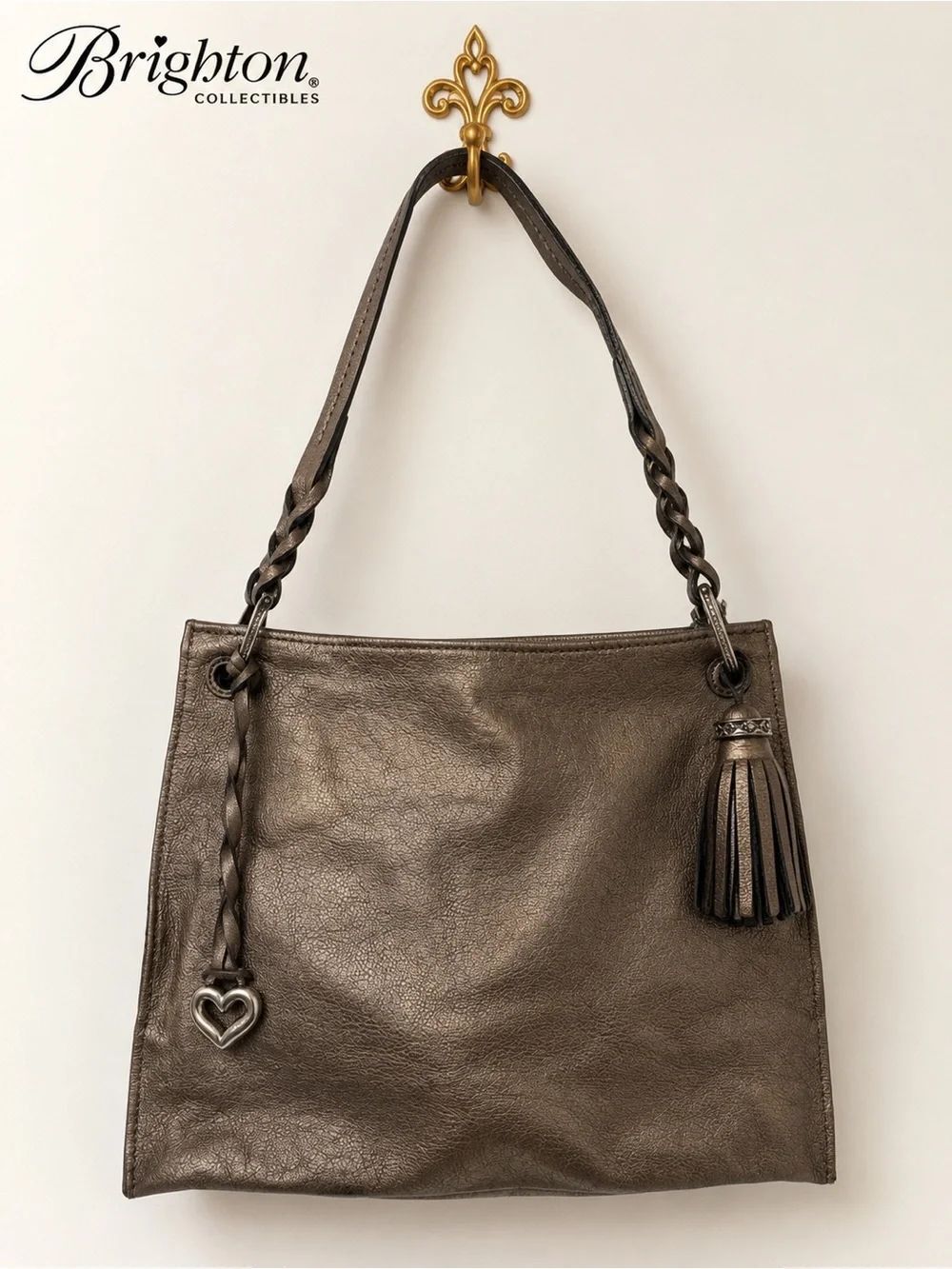 Brighton Metallic Bronze Leather Hobo Shoulder Bag Tassel Heart Charm